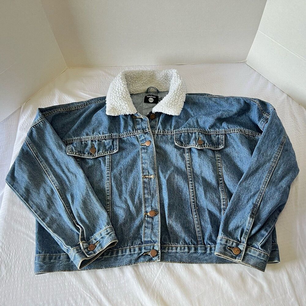 Boohoo Blue Women’s Denim Sherpa Collar Cropped Coat Jacket